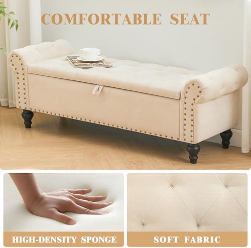 55" Storage Bench for Bedroom, Upholstered Ottoman Bench, Chenille Beige - Image 5