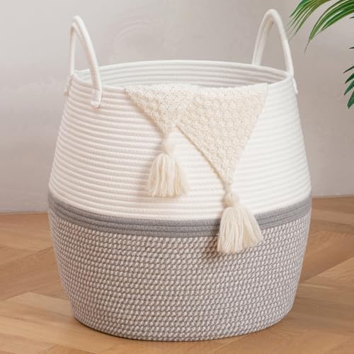 OIAHOMY 60L Blanket Basket with Handle, Storage Basket for Living Room, Laundry Hamper for Clothes, Towels, Pillows, Toy Storage for Kids and Dogs, Baby Hamper for Nursery - Grey & White by MasterofSpaceOptimization
