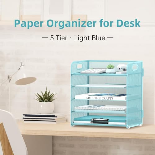 SUPEASY 2 Pack 5-Tier Blue Desk Organizer with Handle Mesh Desk File/Paper Organizer Letter Tray for Office, School and Home Easy Installation - Image 2