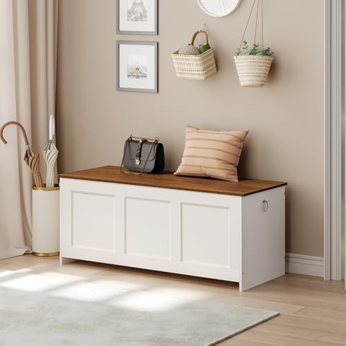 HOOBRO 47.2" Large Storage Bench, Retro Storage Chest with Safety Hinge, Wooden Storage Trunk, Toy Chest with Lift Top for Bedroom, Living Room, Entryway, White and Walnut WH412CW01G1 - Image 2