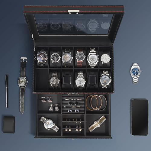 Watch Box for Men, 12 Slot Watch Case, Men's Jewelry Box With Drawer, Man Jewelry Accessory Organizer Case with Large Window, 2-Layer Watch Holder, PU Leather, Fathers Day Gift for Dad - Image 5