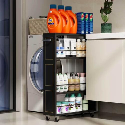 KLM 4 Tier Black Slim Storage Cart with Handle, Slide Out Storage Rolling Utility Cart for Kitchen, Laundry, Narrow Places-6.7" W by KLM