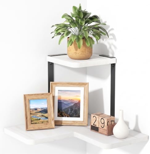 SRIWATANA 2-Tier Corner Shelf, Rustic Wood Storage Display Shelf, White by SRIWATANA