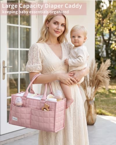 Baby Diaper Caddy Organizer, Portable Nursery Storage Basket with Handle - Image 2