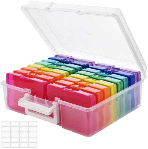 ALINK Photo Storage Box with Handle, 4" x 6" Photo Organizer Storage Container with 16 Inner Case and 1 Sheet Blank Labels for Pictures, Arts, Crafts, Sewing, Seeds, Office Supplies - Colored by ALINK