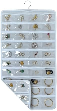 80 Pocket Hanging Jewelry Organizer with Hanger Metal Hooks Storage On Wall Door Closet Double-Sided(Each Side 40 Pockets) Jewelry Holder for Earrings, Necklaces, Rings (White+White) - Image 7