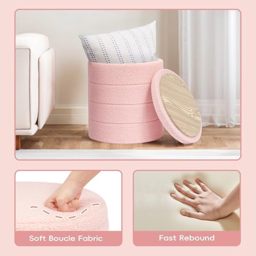 PINPLUS Compact Round Folding Storage Ottoman, Pink Boucle Footstool - Image 5