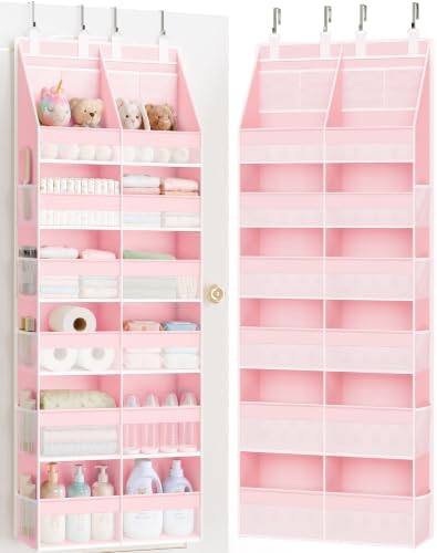 Criusia Over the Door Organizer, Extra Large 12 Compartments Closet Hanging Storage with 14 Mesh Pockets, 85lbs Capacity Behind the Door Storage for Baby Nursery, Bathroom, Bedroom, and Dorm, Pink by Criusia