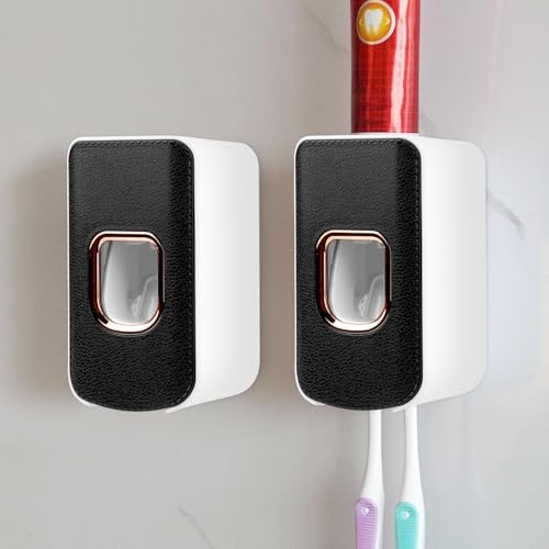 2 Slot Toothbrush Holder and Toothpaste Dispenser Wall Mounted, Automatic Toothpaste Squeezer, 2 in 1 Tooth Brush Toothpaste Organizer for Shower (Black 2Pack) by LUEXBOX