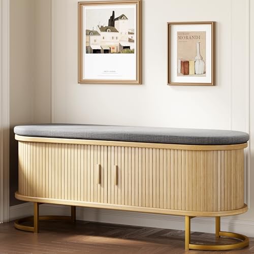 Decofy Shoe Storage Bench with Cushion and Sliding Doors, 47.2 Inch Shoe Bench with Storage, Freestanding Entryway Bench with Storage, Sturdy Metal Feet, for Hallway & Entrance Hall, Oak - Image 3