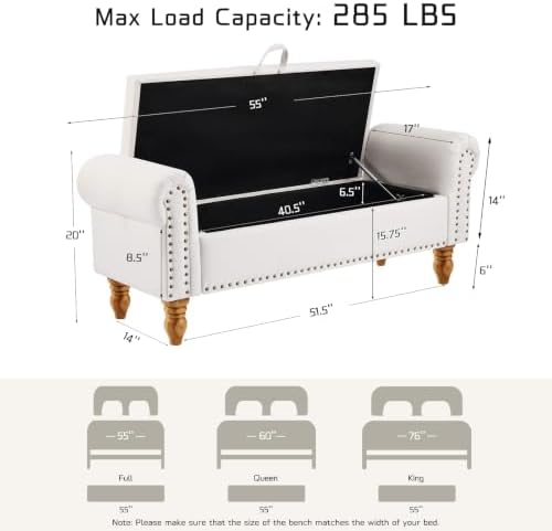 55" End of Bed Bench, Upholstered Bench with Storage, Queen, Beige - Image 2