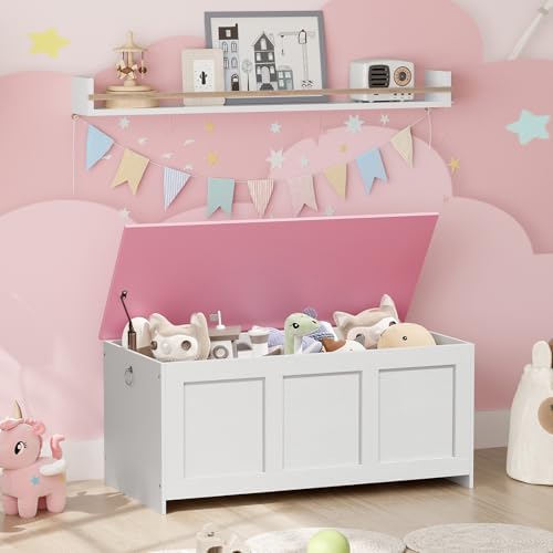 HOOBRO Storage Bench, 39.3" Retro Wooden Storage Chest, Wooden Storage Trunk, Toy Chest with Lift Top, Multifunctional Entryway Organizer, for Entryway, Living Room, White and Pink WK141CW01G1 - Image 5