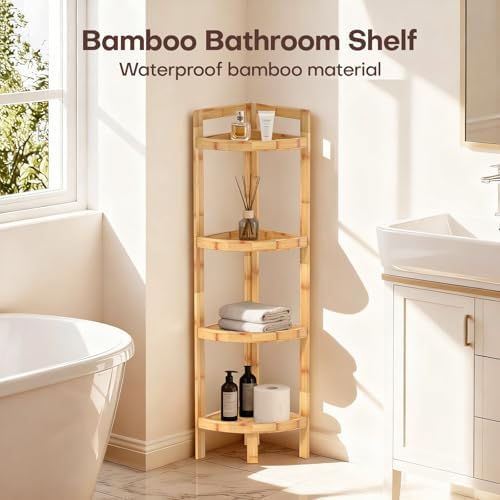 2026 New Bamboo Standing Shelf, 4 Tier Corner Shelf Stand, Free-Standing Shelf Units, Triangular Curved Corner Shelf Stand for Space-Saving Display Ideal for Bathroom/Kitchen/Living Room Storage - Image 3