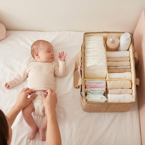 Baby Diaper Caddy Organizer with Portable Changing Mat-Portable Baby Organizers and Storage, Gift for Baby Shower, Corduroy Baby Essentials Organizer with Removable Dividers (Brown) - Image 5