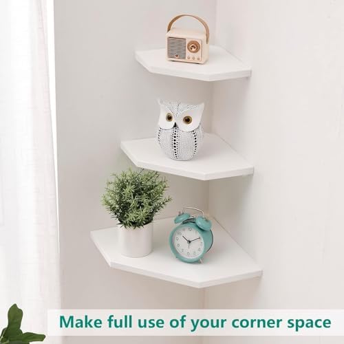 Corner Floating Shelves, White Corner Wall Shelf Set of 2, Solid Oak Wood Corner Shelves Wall Mount Shelf with Wire Hole Small Plant Display for Kitchen Living Room Bedroom - Image 5
