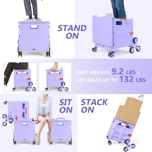 Foldable Utility Cart with Stair Climbing Wheels,Collapsible Rolling Crate with Magnetic Lid Telescopic Cover,Telescoping Handle,360° Rotate Wheel Hand Cart for teacher Shopping Moving Grocery(Purple) - Image 4