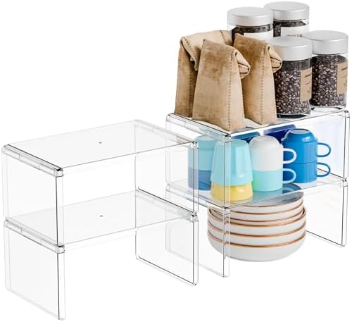 Yieach 4 Pack Acrylic Cabinet Organizer,2 Tier Stackable Shelves for Cabinets,RV Pantry Organization,Counter Space Saver Desk Organizers,Cupboard Shelf and Cabinet Stand & Risers for Mug,Cup,Dish by Yieach