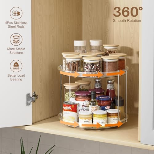 LAMU 12in 2 Tier Lazy Susan Organizer Large Lazy Susan Turntable Rotating Spice Rack Organization for Cabinet, Kitchen, Pantry, Countertop, Bathroom, Vanity, Medicine Cabinet Organizer, Clear - Image 2