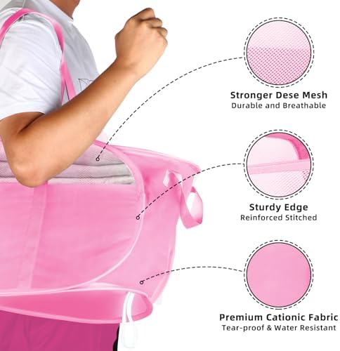 Collapsible Laundry Baskets, Tear Proof Pop Up Laundry Hamper with Dual Handles, Durable Foldable Laundry Basket, Easy to Carry Laundry Hamper for Home, Laundry Room, Bedroom, Dorm, Travel Pink - Image 6