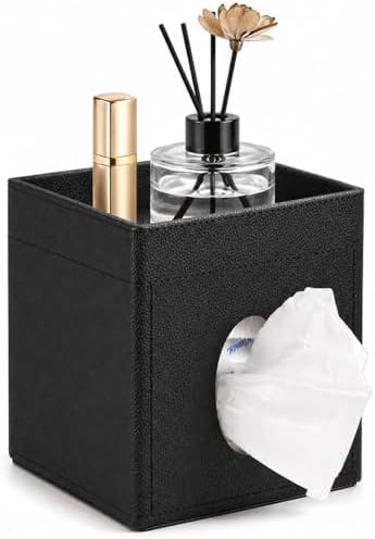 LAMOTI Leather Tissue Box Cover with Storage Tray, Square Facial Tissue Box Holder for Bathroom, Office Table, Countertop, Night Stand & More (Black) by LaMOTI