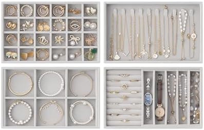 Lolalet Jewelry Drawer Organizer Inserts, Stackable Velvet Tray Jewelry Storage Organizers Set Display Cases for Necklaces Bracelets Earrings Rings Chains Bangles Watches, Grey, Set of 4 by Lolalet