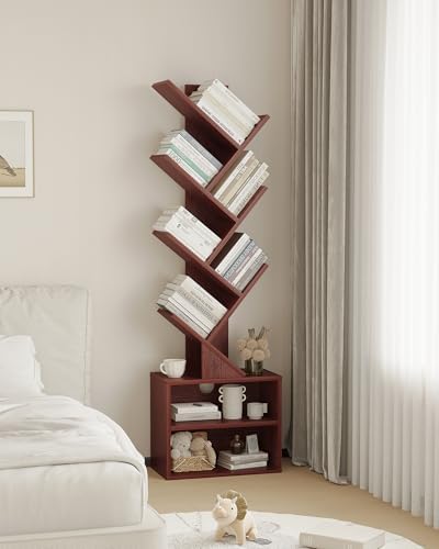 SUNMORY 6 Tier Tree Bookshelf, Tall Small Bookcase with Storage Cabinet - Image 5