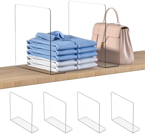 OKPOW Shelf Dividers Closet Organizer - 12" Tall X 11.8" Deep Acrylic Clear Sturdy Separate for Clothes Purse - Adjustable Space Saver Easy Install for Home Organization Enthusiasts 4 Pack by OKPOW