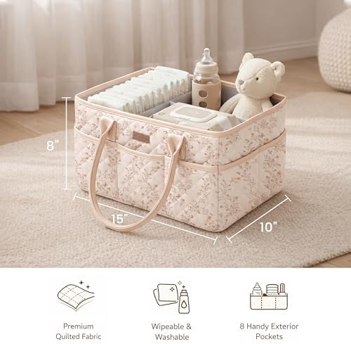 Konssy Baby Diaper Caddy Organizer, Floral Design with PU Leather Handles - Image 6