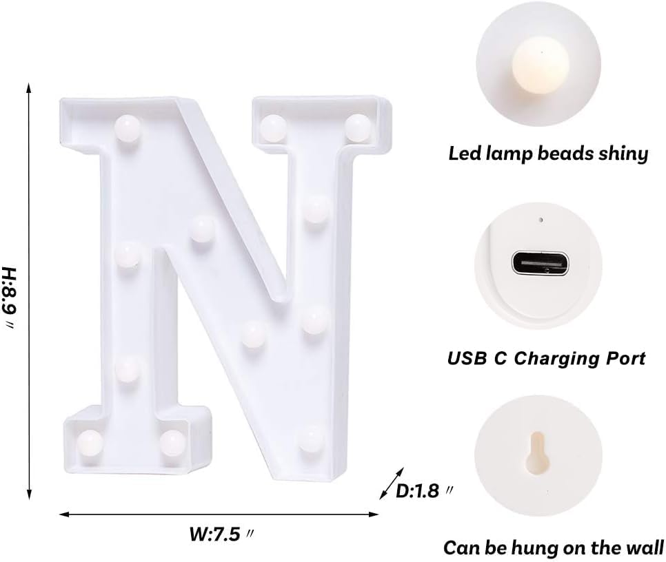 Foaky Rechargeable LED Letter Lights Sign Marquee Light Up Letters Sign for Night Light Wedding/Birthday Party Christmas Lamp Home Bar Decoration (N)