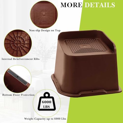 Bed Risers 1 inch, 2 inch, 3 inch, 4 inch, 6 inch, 8 inch Heavy Duty, Oversized Furniture Riser for Couch Sofa Table Chair Leg Frame Dorm, Support up to 6000 Lbs (Chocolat Brown 6 Pack, 4 inch) - Image 6