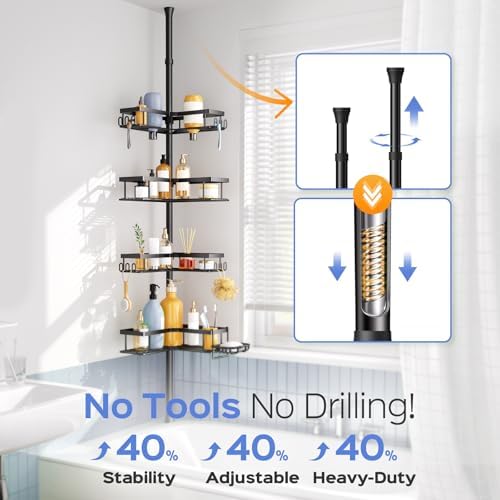 HAMITOR Shower Caddy Tension Pole 4-Tier Corner Storage Bathroom Essentials - Image 2