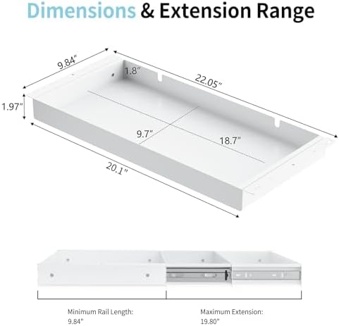Under Desk Drawer,20.1 inch Carbon Steel Slide-Out Under Table Storage Organizer With Full Extension Ball-Bearing Slides,Undermount Drawer For Standing Desk & Home Office,White - Image 2