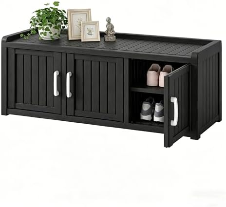 2-Tier Storage Bench, Waterproof UV-Resistant Outdoor Shoe Storage Cabinet with 3 Doors & Adjustable Shelves for Indoor Outdoor Entryway, Hallway, Living Room (Classic Black) by NBYSGO