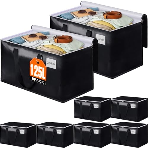 BlissTotes Moving Bags, Heavy Duty Moving Boxes with Zippers Top and Sturdy Handles, Storage Bags for Space Saving and Packing, Collapsible Moving Supplies, Storage Totes (125L, 8-Pack, Black) by BlissTotes