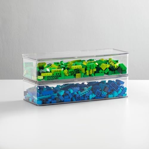 mDesign Long Plastic Playroom/Gaming Storage Organizer Box Containers with Hinged Lid for Shelves or Cubbies, Holds Small Toys, Building Blocks, Puzzles, Markers, Controllers, Crayons, 2 Pack, Clear - Image 3