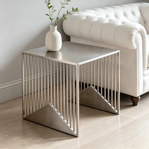 Stainless Steel Side Table - Geometric Vertical Slat Metal End Table, Modern Industrial Square Accent Table for Living Room, Bedroom, Small Spaces - Sturdy Nightstand, Easy to Clean - Image 5