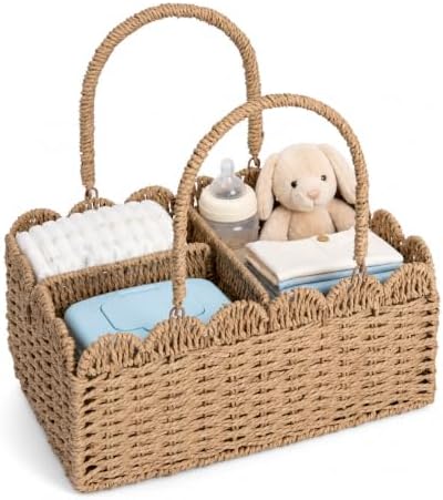Large Wicker Diaper Caddy Organizer, Scalloped Nursery Basket for Changing Table, Woven Rope Baby Holder with Removable Divider, Portable Organizer for Diapers Wipes Clothes Toys & Essentials (Brown) by Unknown