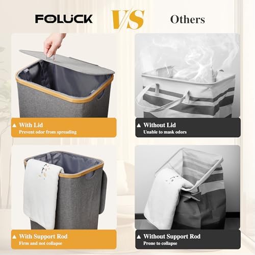 Foluck Large Laundry Hamper, 75L Waterproof Laundry Basket with Lid and Removable Bag, Collapsible Tall Clothes Hamper with Bamboo Handles for Clothes Toys in Dorm Bedroom Bathroom, Grey - Image 5