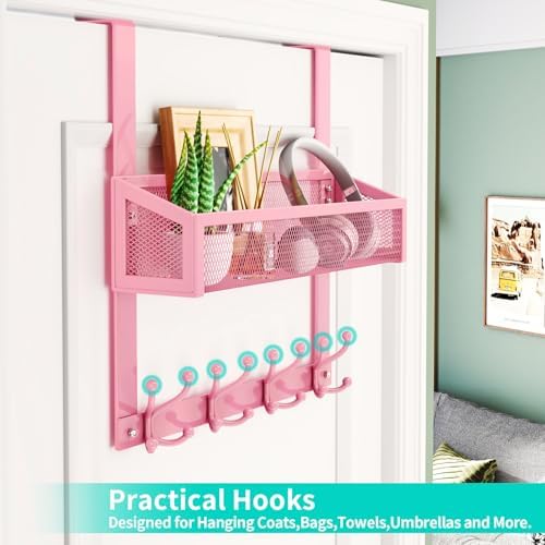 HapiRm Over The Door Hooks - Easy Installation Pink Door Hanger with Basket and 16 Hooks, 304 Stainless Steel Storage Organizer for Towels, Coats, Bathroom, Kitchen, Dorm-Pink - Image 4