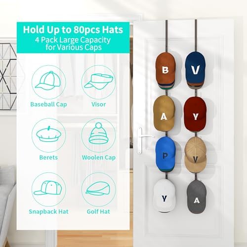 HapiRm Over Door Hat Rack - 4 Packs Metal Hanging Hat Organizer with 16 Hooks Design, Baseball Cap Hanger Organizer Storage Holds up to 80 Caps for Door, Bedroom, Closet（Brown） - Image 2