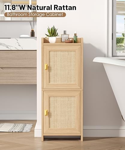 Akxomel Rattan Small Bathroom Cabinet Narrow Toilet Paper Organizer Oak - Image 4
