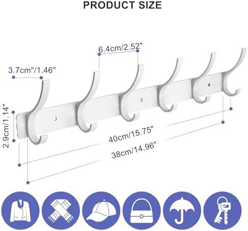 Coat Rack Wall Mounted,6 Coat Hooks for Hanging Coats,Heavy Duty Metal Double Hook Rack Hook Rail,Coat Rack with Hooks,Wall Mount Coat Hanger for Hat Towel Purse Robes (2 Pack White, 6 Hooks) - Image 2