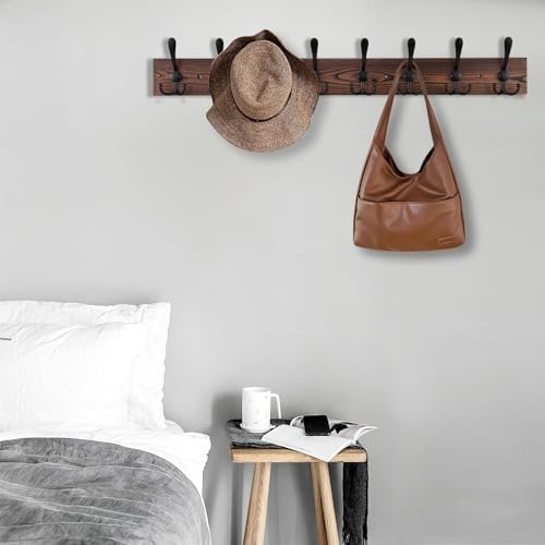 Kuhome 32.2'' Large Coat Rack Wall Mount Coat Hooks Coat Hanger with 8 Metal Black Triple- Hooks Brown Pine Real Wood Plank Hat Rack for Wall Hooks for Hanging Coat Hat Jacket - Image 6