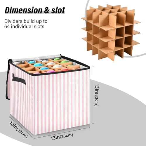 YETTASBIN Pink Stripes Large Christmas Ornament Storage Box with Zipper & Adjustable Dividers, Storage Container with Lid & Handles for 64 Holiday Ornaments 3-Inch, 13 x 13 Inch - Image 4
