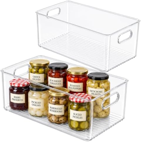 Plastic Food Storage 2 Pack Clear Container Bin with Handles for Organizing Kitchen, Pantry, Refrigerator, Freezer, Pantry, Cabinet, Closet, Bathroom. 12”x8”x5” by primebox
