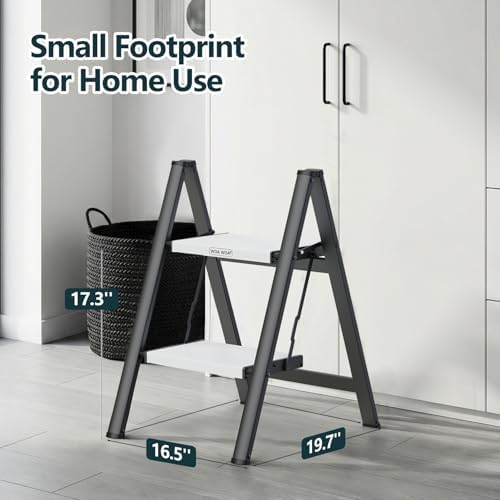 WOA WOA 2 Step Ladder, Foldable Step Stool, 300lbs Load, Black & White - Image 2