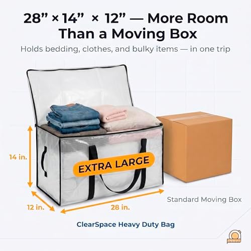 ClearSpace Heavy Duty Moving Bags - Water Resistant Storage Bags with Backpack Straps, Zippers and Handles - Large Moving Boxes for College Dorm, Travel, Closet Organization - 6 Pack, Clear - Image 5