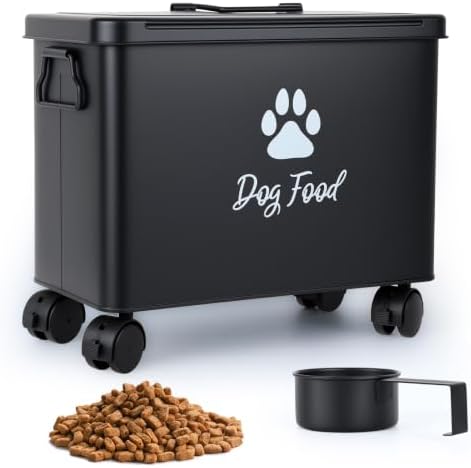 Metal Dog Food Storage Container With Lid 13lb, Black Airtight Dog food Bin by Himake