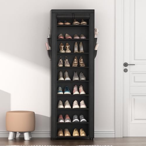 VILICK Shoe Rack with Cover Narrow Shoe Organizer with 4 Side Pockets 10 Tier Tall Shoe Storage Holds 18-22 Pairs Shoes and Boots Shoe Rack for Closet Entryway Garage - Image 2