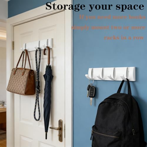 Folding Coat Hooks, Wall Mounted Coat Rack with 8 Retractable Hooks, Heavy Duty Towel Rack for Bathroom Wall Hook for Hanging Clothes Bathrobe, Stainless Steel Coat Hanger for Entryway(White) - Image 2